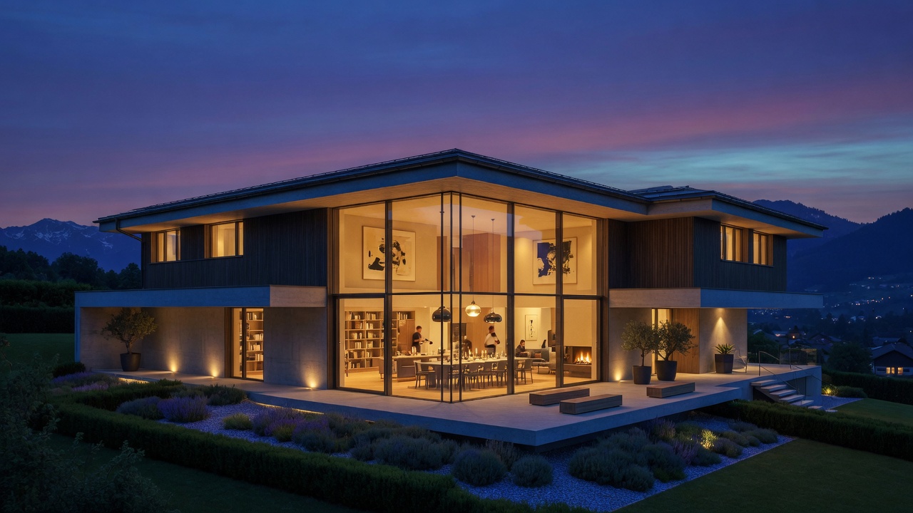 Modernes Schweizer Wohnhaus in der blauen Stunde mit warm erleuchteten Fenstern vor Bergkulisse