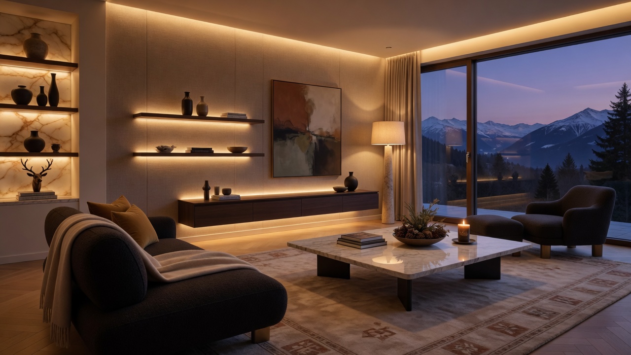 Luxuriöses Wohnzimmer mit warmer indirekter LED-Beleuchtung am Abend