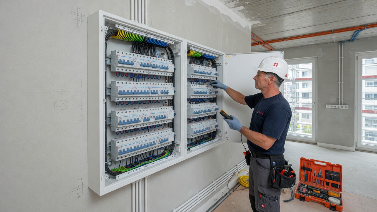 Elektroinstallation: Fachkraft verdrahtet einen Sicherungsverteiler